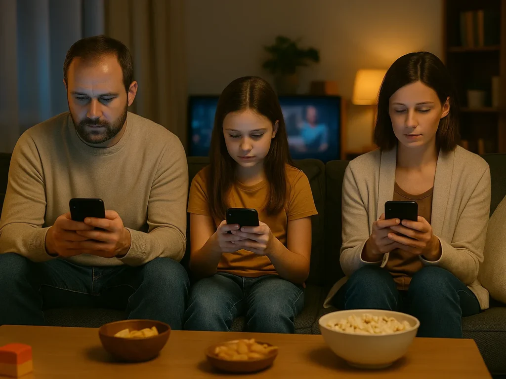 Familie sitzt schweigend auf dem Sofa, alle blicken auf ihre Smartphones, Symbol für digitale Abhängigkeit.