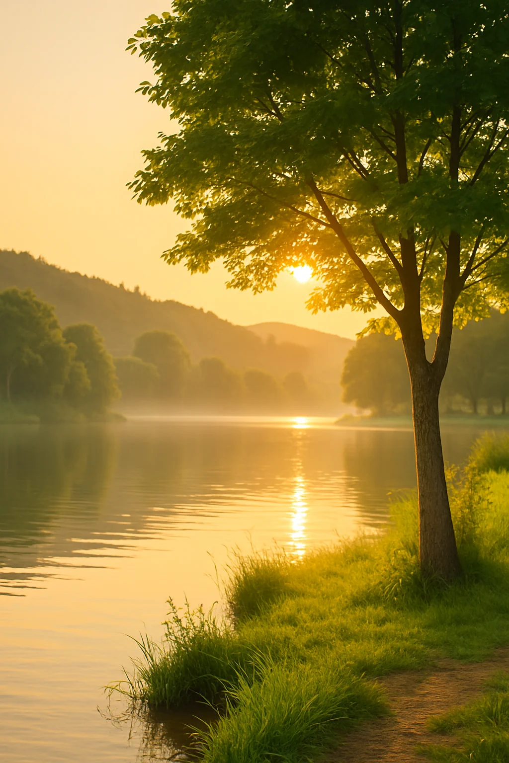 Sonnenaufgang am See mit Baum im Vordergrund – Symbol für Erkenntnis und Neubeginn