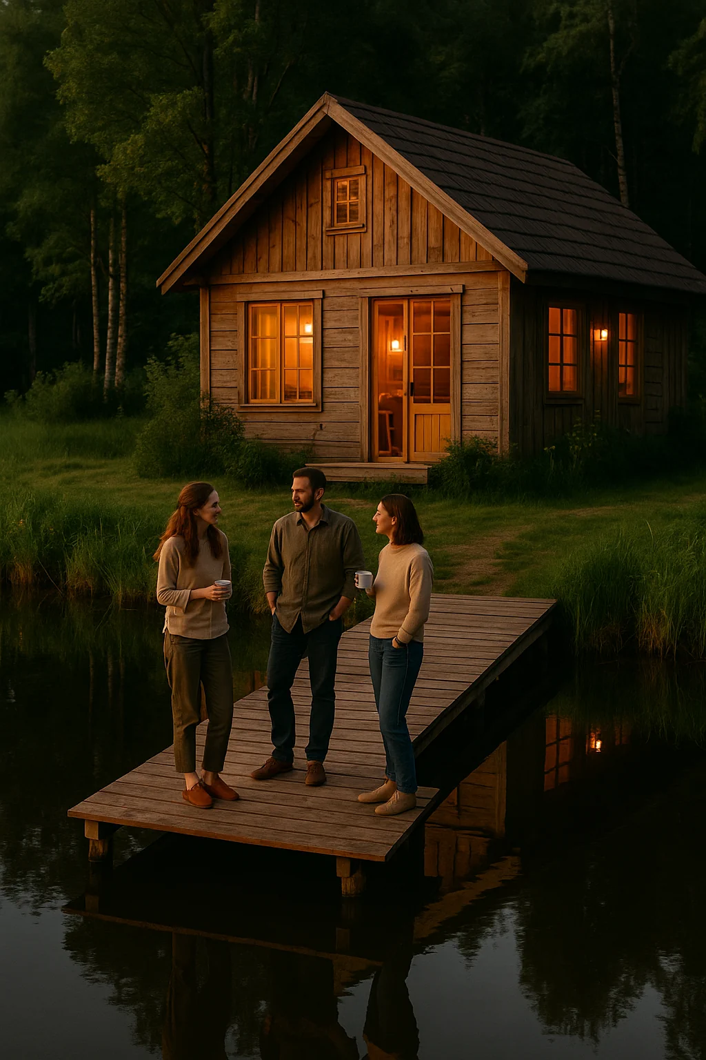 Drei Menschen im Gespräch auf einem Steg