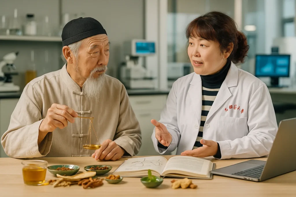 Prof. Dr. Minjie Wei im Gespräch über Heilpflanzen mit traditionellem Arzt – Symbol für Forschung und Brücke zwischen Tradition und Moderne