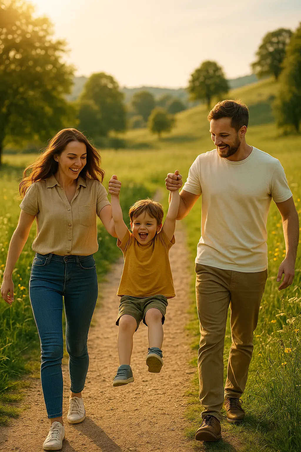 Eltern spielen mit ihrem Kind beim Spaziergang in der Natur – Symbol für Lebensfreude und Familiengesundheit