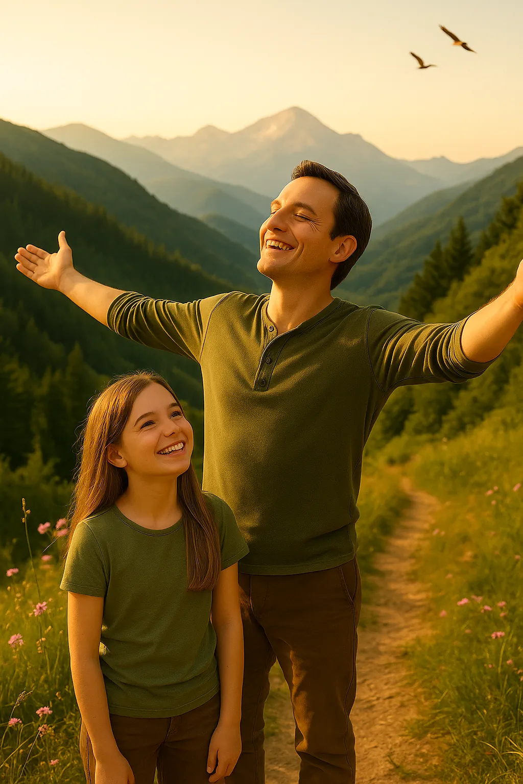 Vater und Tochter genießen die Natur in den Bergen – Symbol für Freude, Vertrauen und Verbundenheit