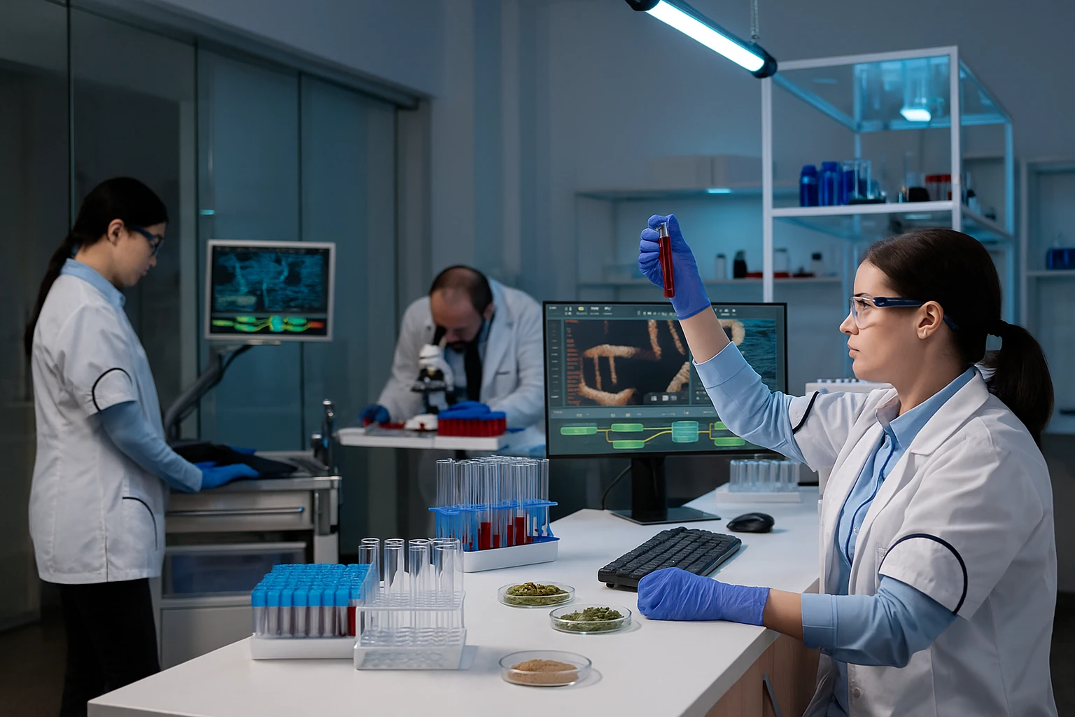 Wissenschaftlerin im Labor bei Analyse von Pflanzenproben – Symbol für Sicherheit und Qualität
