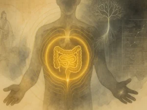 Illustration eines menschlichen Körpers mit leuchtend hervorgehobenem Darm, Symbol für Darmgesundheit und innere Balance