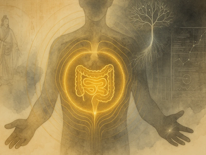 Illustration eines menschlichen Körpers mit leuchtend hervorgehobenem Darm, Symbol für Darmgesundheit und innere Balance