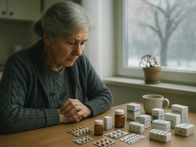 Seniorin sitzt nachdenklich vor einer Vielzahl von Medikamentenschachteln und Tabletten – Symbol für die Risiken der Polypharmazie