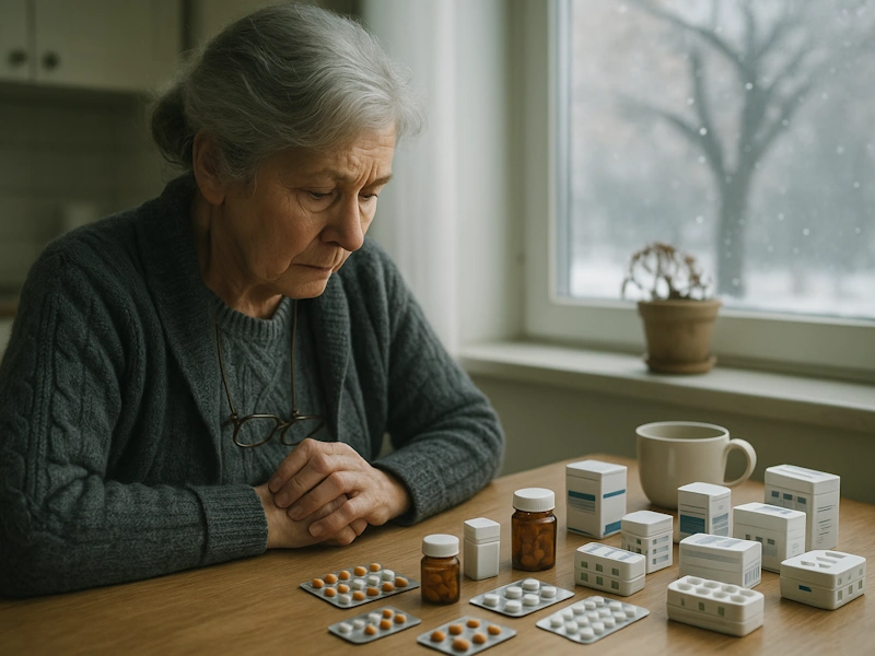 Seniorin sitzt nachdenklich vor einer Vielzahl von Medikamentenschachteln und Tabletten – Symbol für die Risiken der Polypharmazie