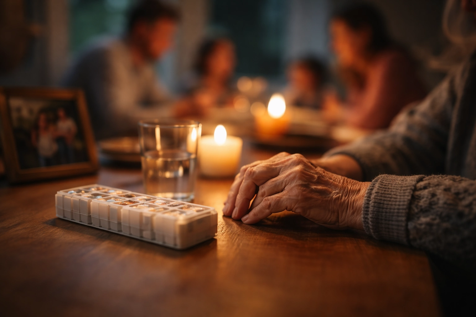 Hände einer älteren Frau neben einem Wochendosierer