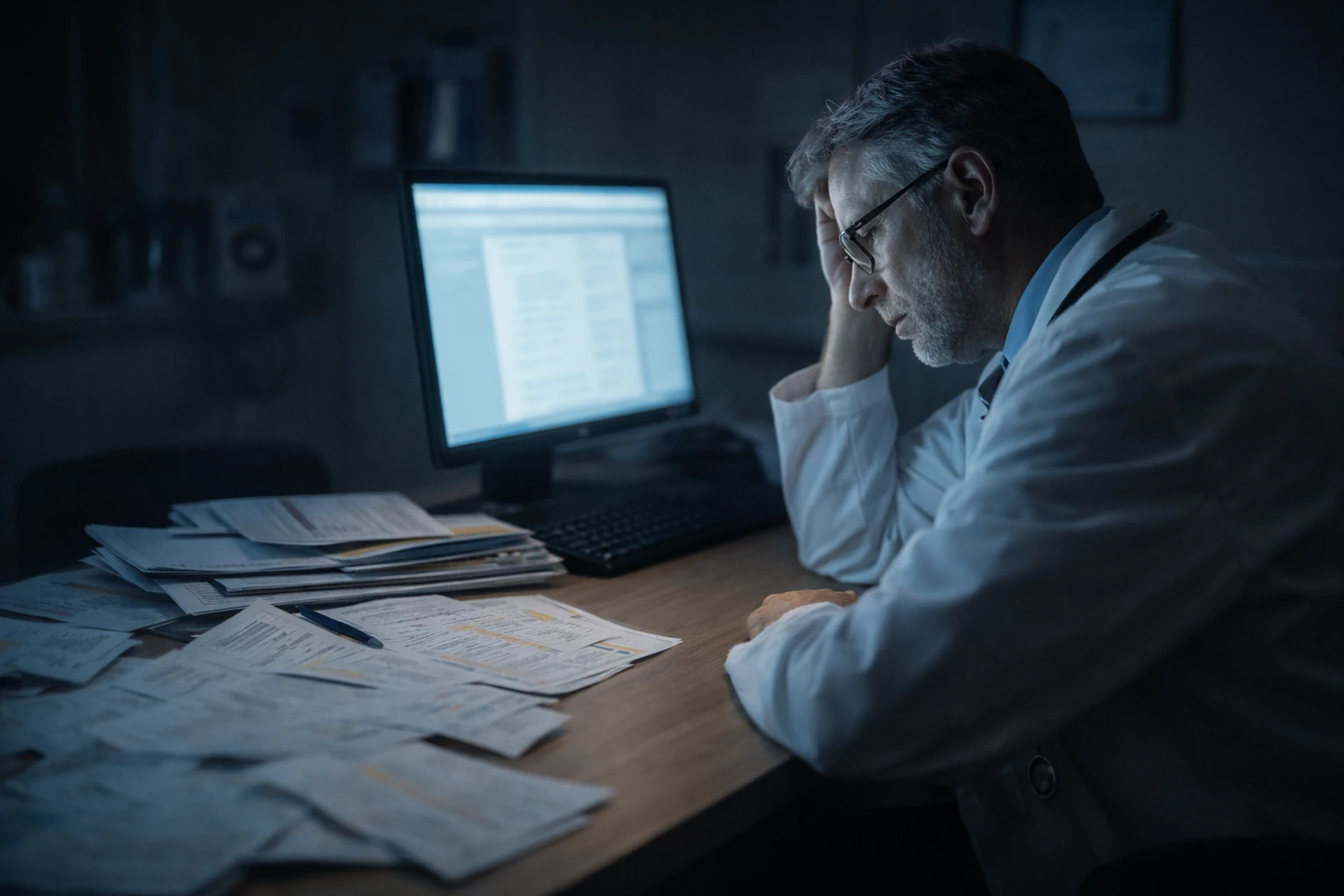 Erschöpfter Arzt vor dem Bildschirm