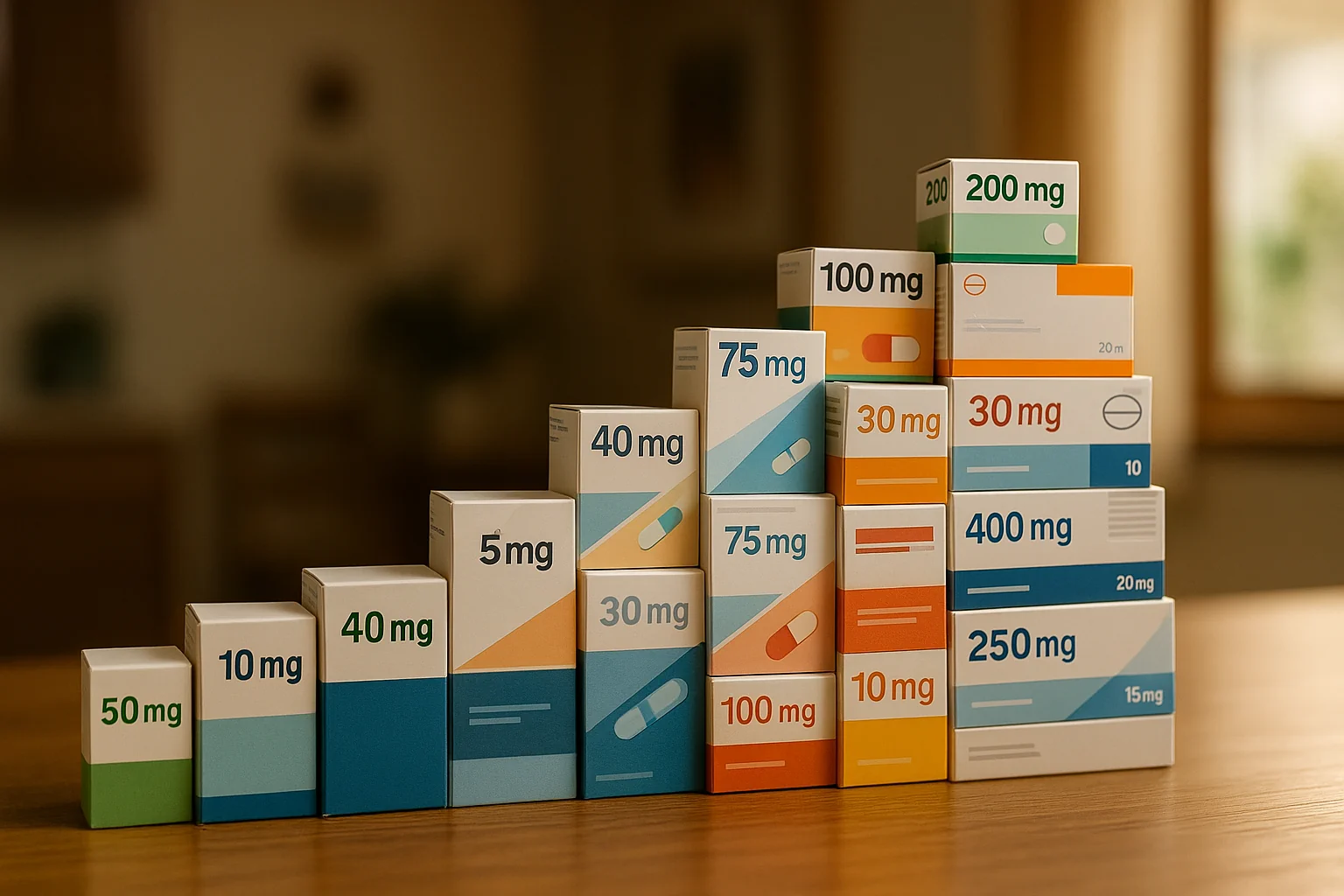 Reihe von Medikamentenblisterpackungen wie Dominosteine