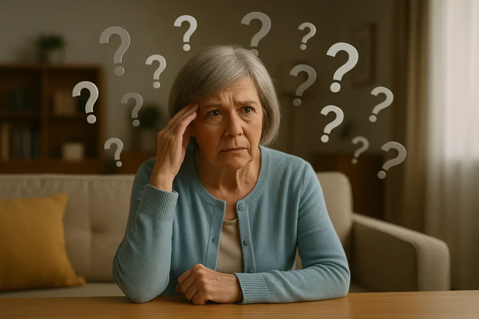 Ältere Frau, die nachdenklich und verloren wirkt