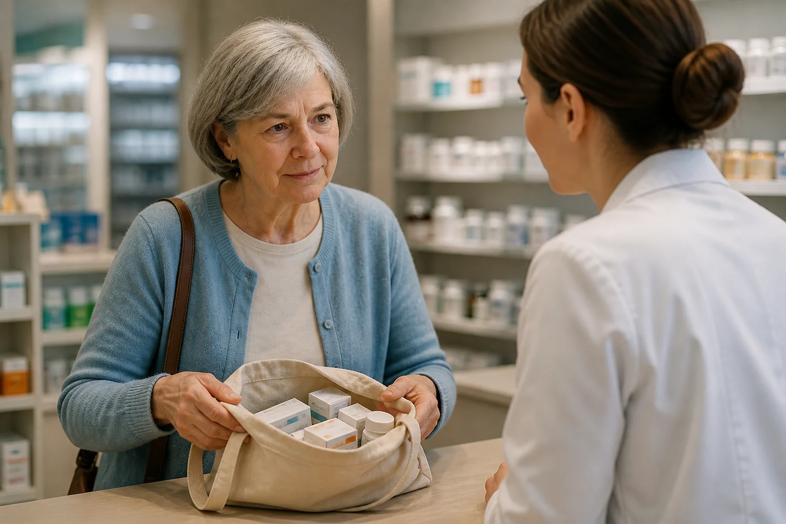 Maria stellt eine Tasche voller Medikamente auf den Apothekentresen