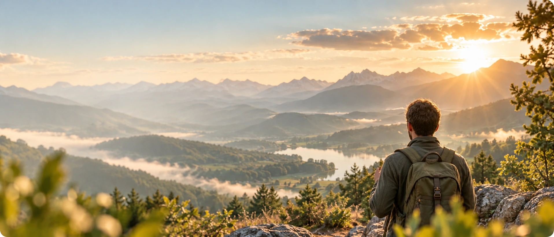 Mann mit Rucksack blickt über eine weite Berglandschaft im warmen Morgenlicht