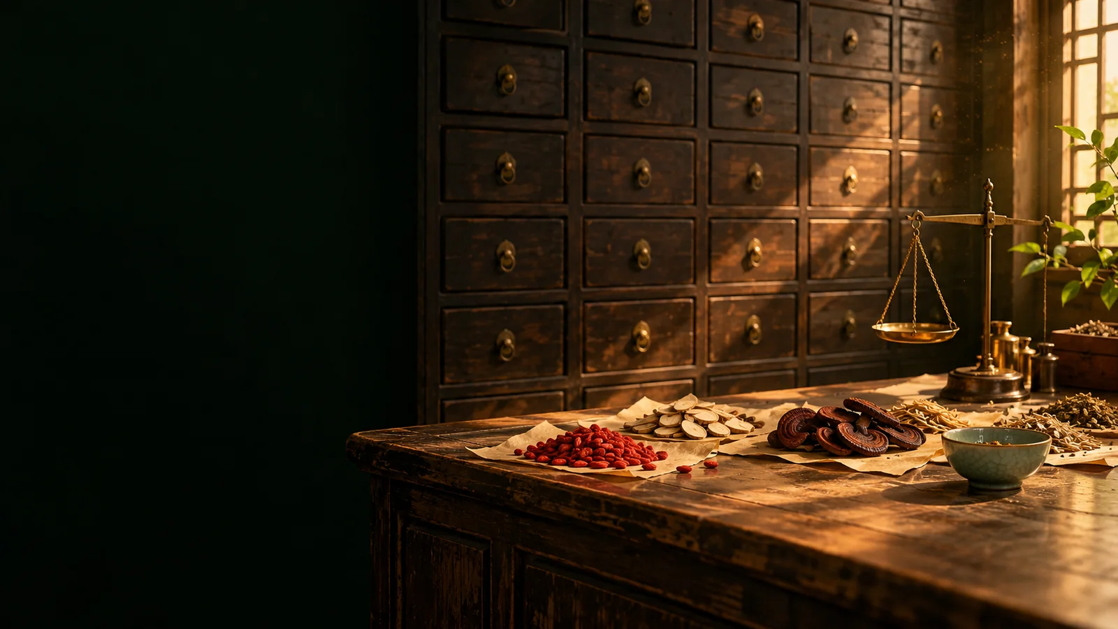 Traditionelle chinesische Kräuterapotheke im Licht eines Fensters: eine Wand aus dunklen Holzschubladen mit Messinggriffen, davor auf der Theke Goji-Beeren, Tragantwurzel und Reishi auf Papier, eine Messingwaage und eine Seladon-Schale.