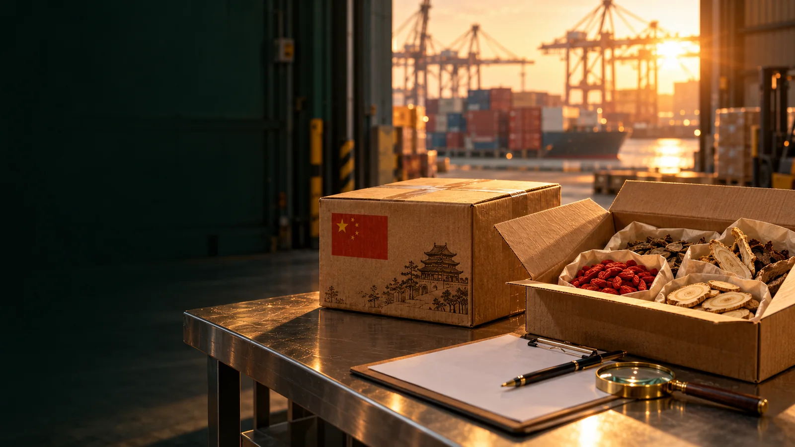 Lagerhalle am Hafen im Abendlicht: Auf einem Prüftisch aus Edelstahl stehen zwei Versandkartons, einer mit chinesischer Flagge, der andere geöffnet mit Goji-Beeren und Wurzelscheiben. Davor liegen ein Klemmbrett, ein Stift und eine Lupe, im Hintergrund Kräne und Container.
