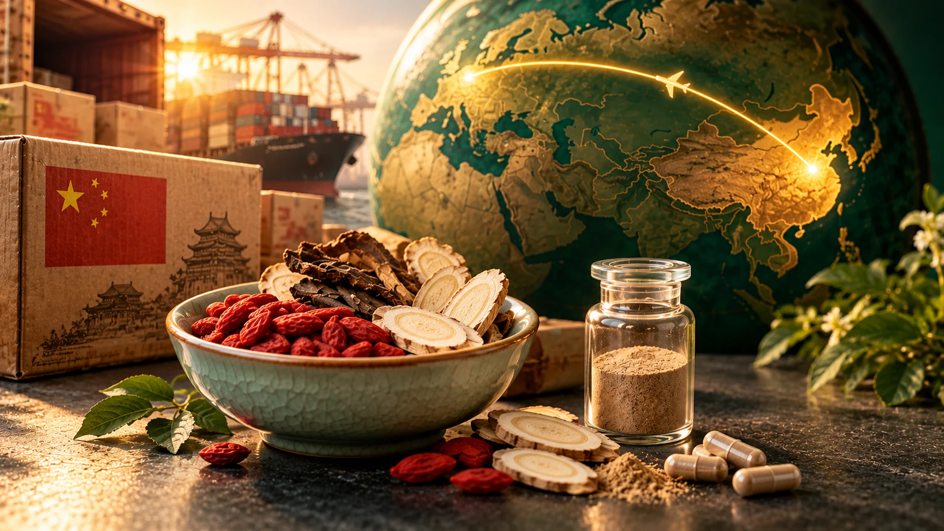 Nahrungsergänzung aus China: Schale mit Goji-Beeren und Tragantwurzel, daneben ein Glas mit Pflanzenpulver und Kapseln. Dahinter ein Globus mit einer goldenen Flugroute von China nach Europa und ein Containerhafen.