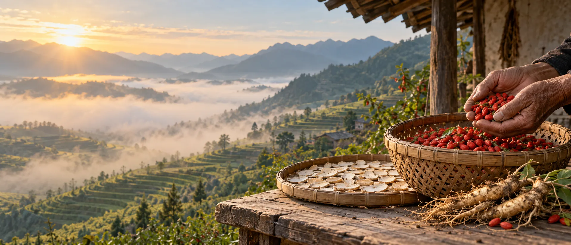 Hände halten frisch gepflückte Goji-Beeren über einem Bambuskorb, daneben getrocknete Wurzelscheiben und frische Wurzeln auf einem Holztisch, dahinter Terrassenfelder im Morgennebel