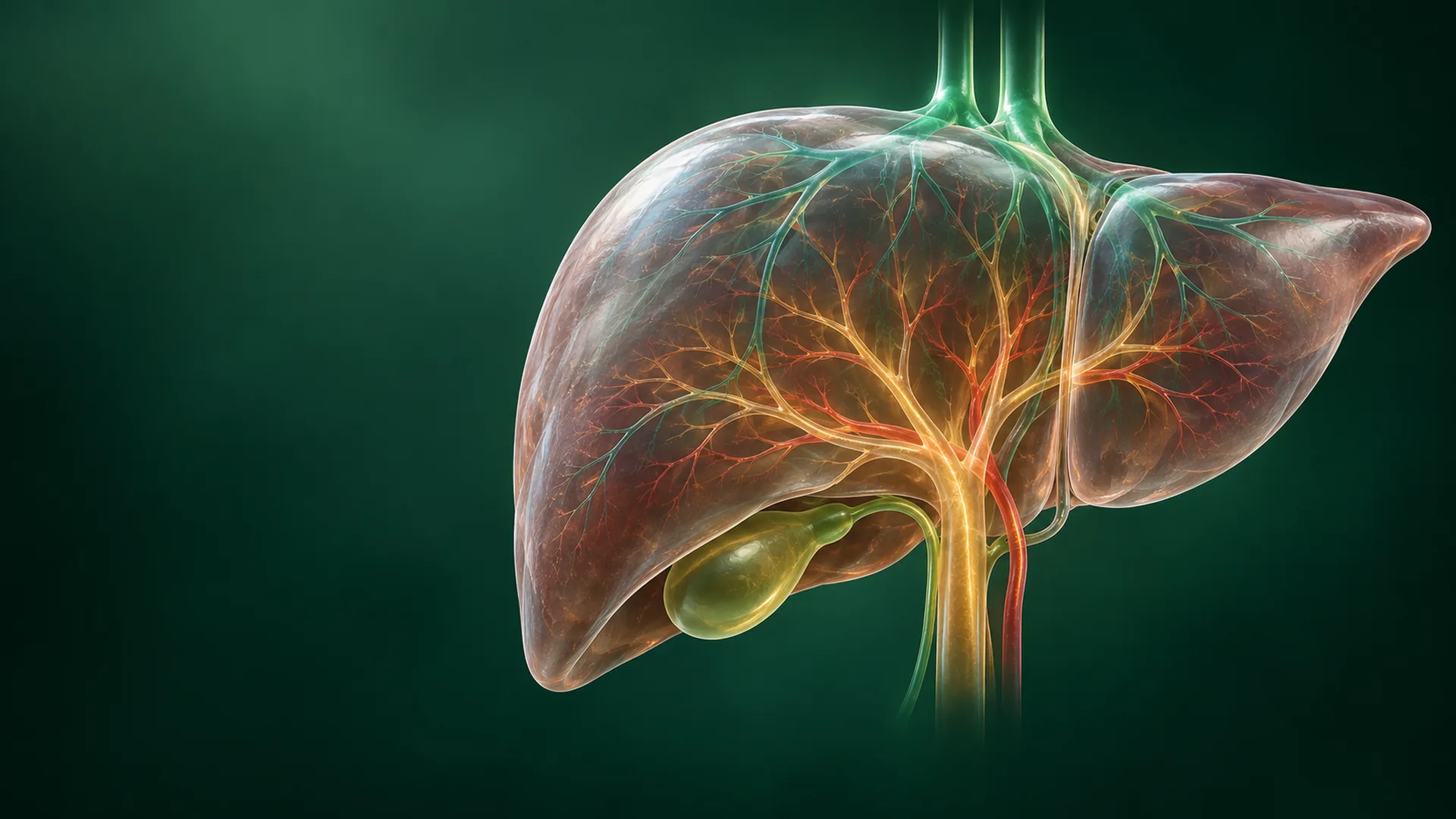 Leber entlasten: Illustration einer durchscheinenden Leber mit Gallenblase. Von unten treten Pfortader und Leberarterie ein, oben verlassen die Lebervenen das Organ.