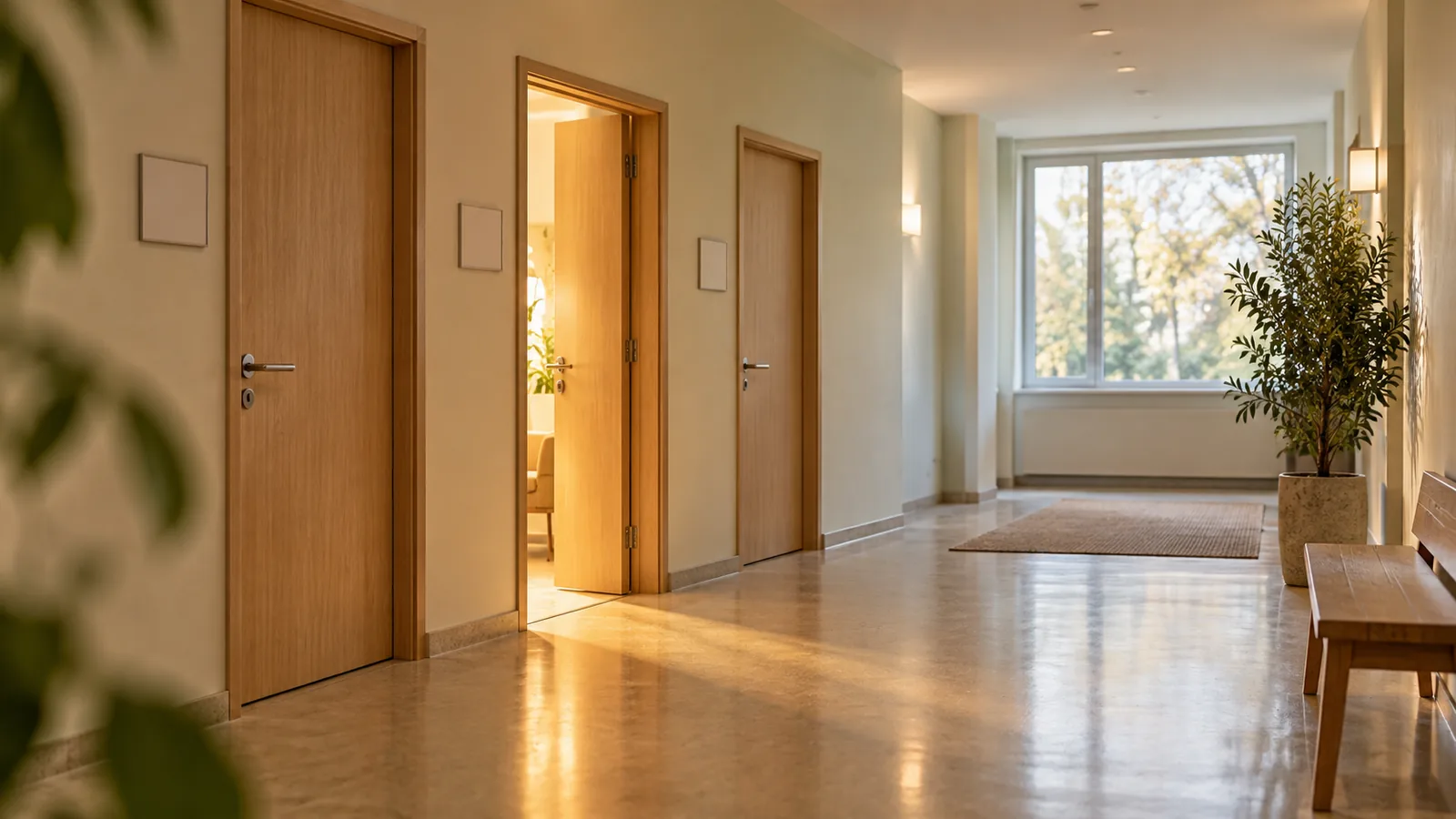 Flur in einem Ärztehaus am späten Vormittag: Links liegen drei Holztüren zu verschiedenen Praxen, daneben leere Schilder. Die mittlere Tür steht halb offen, warmes goldenes Licht fällt aus ihr auf den glänzenden Boden. Am Ende des Flurs ein großes Fenster, rechts eine Holzbank und eine Pflanze.