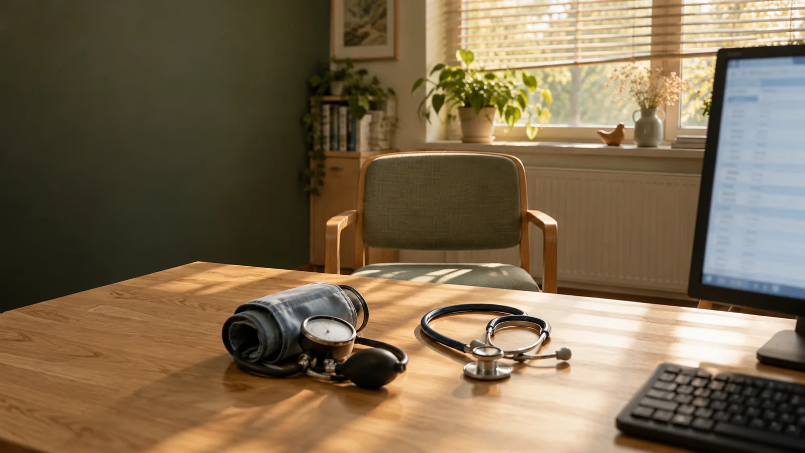 Sprechzimmer einer Hausarztpraxis am Vormittag, vom Platz des Arztes aus gesehen: Auf dem Schreibtisch aus heller Eiche liegen eine Blutdruckmanschette und ein Stethoskop, gegenüber wartet ein leerer Besucherstuhl mit salbeigrünem Polster. Rechts stehen Bildschirm und Tastatur, durch die Jalousien fällt warmes Morgenlicht.