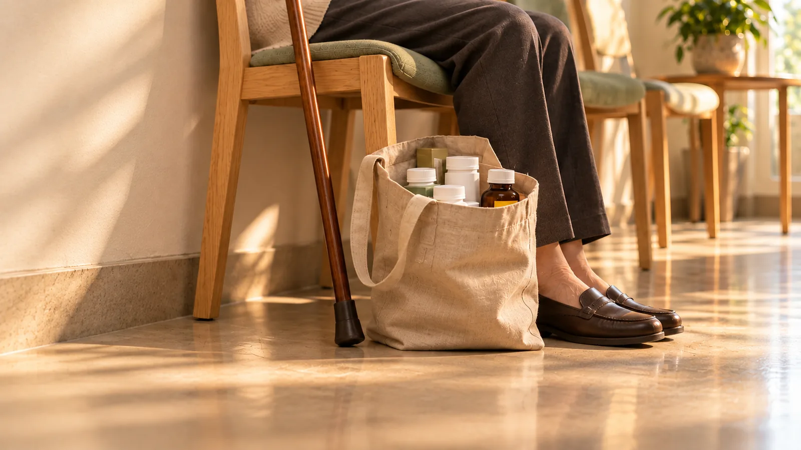 Wartezimmer einer Hausarztpraxis: Eine ältere Frau sitzt auf einem Holzstuhl mit salbeigrünem Polster, zu sehen sind nur ihr Schoß und ihre Beine. Neben ihren Füßen steht eine Leinentasche voller Medikamentenpackungen, an ihrem Stuhl lehnt ein Gehstock.