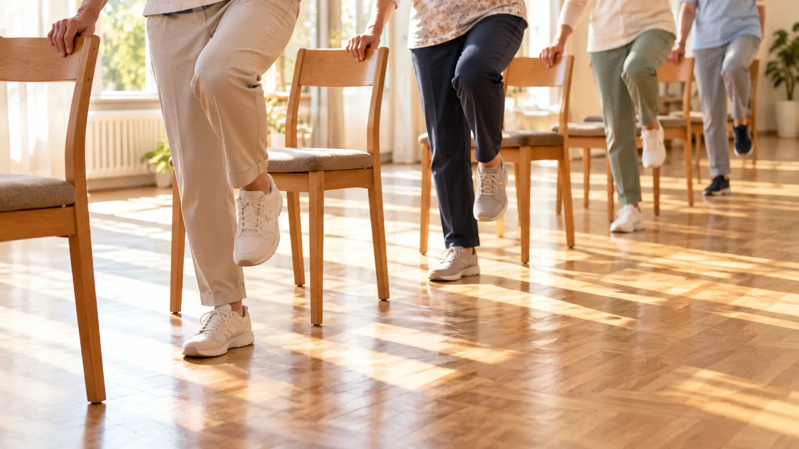 Kurs für Kraft und Gleichgewicht in einem hellen Saal mit Parkett: Ältere Frauen und Männer, zu sehen nur bis zur Hüfte, stehen hinter Holzstühlen, halten sich an der Lehne fest und heben ein Knie an. Durch große Fenster fällt Morgensonne in Streifen über den Boden.