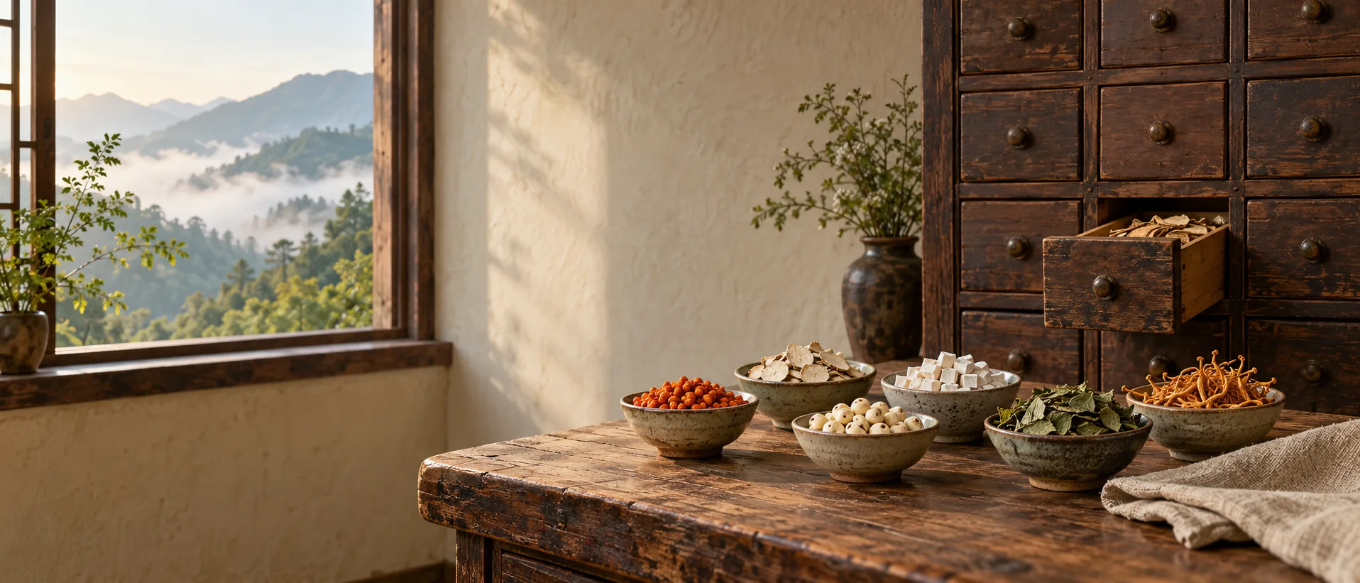 Rohstoffe für TCM Nahrungsergänzung: alter Holztisch mit sechs Keramikschalen, darin Sanddornbeeren, Kudzu-Wurzelscheiben, Poria-Würfel, Lotussamen, Maulbeerblätter und Cordyceps. Dahinter ein dunkler Arzneischrank mit einer geöffneten Schublade, links ein Fenster mit Blick auf Berge im Morgennebel