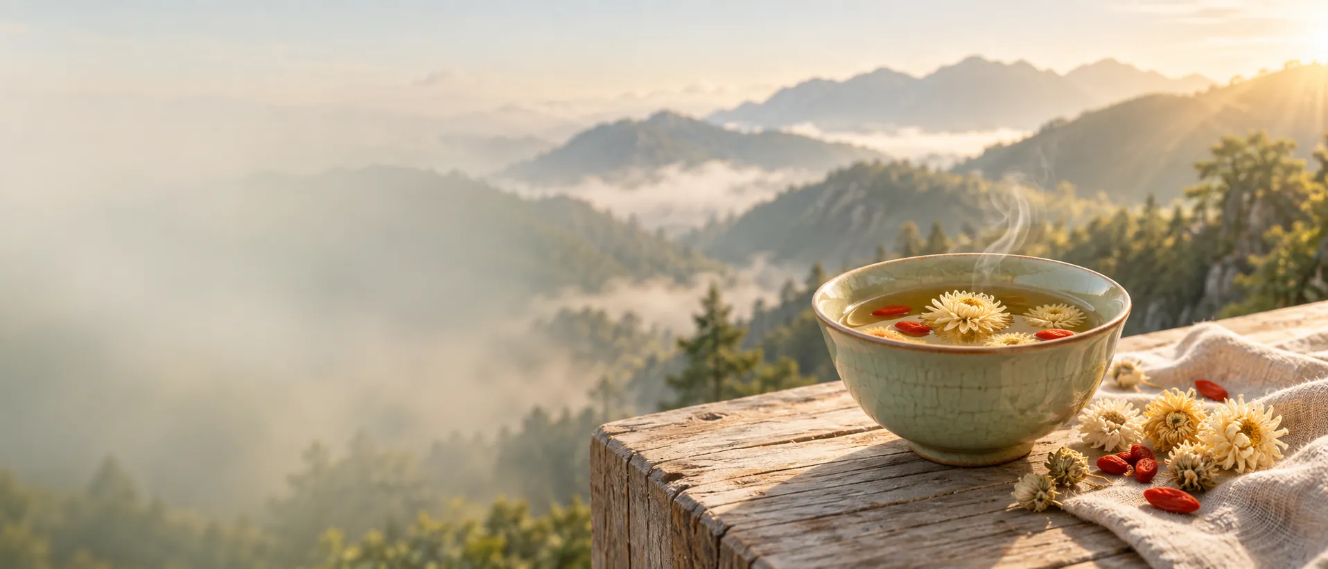 Teeschale mit Chrysanthemenblüten und Goji-Beeren vor nebligen Bergen