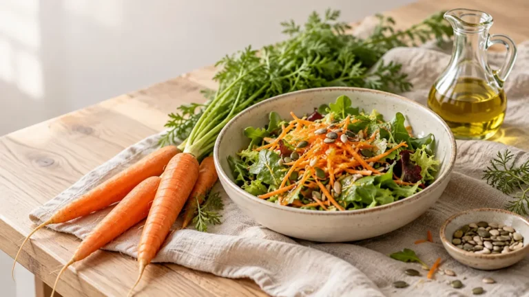 Frische Karotten, Salat und ein Kännchen Olivenöl