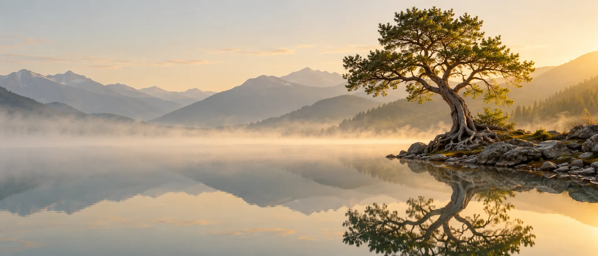 Alter Baum mit sichtbaren Wurzeln am Ufer eines stillen Bergsees im Morgennebel