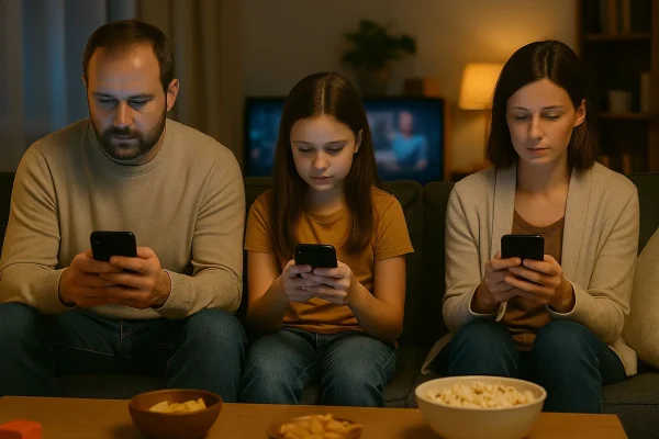 Familie sitzt schweigend auf dem Sofa, alle blicken auf ihre Smartphones, Symbol für digitale Abhängigkeit.