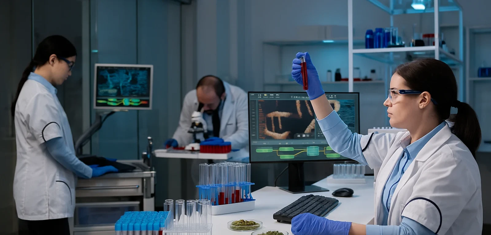 Wissenschaftlerin im Labor bei Analyse von Pflanzenproben – Symbol für Sicherheit und Qualität