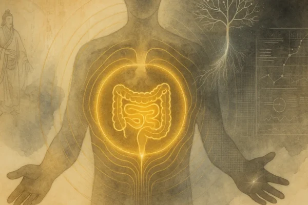 Illustration eines menschlichen Körpers mit leuchtend hervorgehobenem Darm, Symbol für Darmgesundheit und innere Balance
