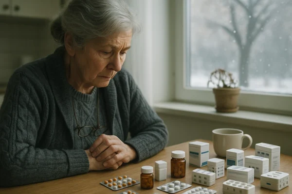 Seniorin sitzt nachdenklich vor einer Vielzahl von Medikamentenschachteln und Tabletten – Symbol für die Risiken der Polypharmazie